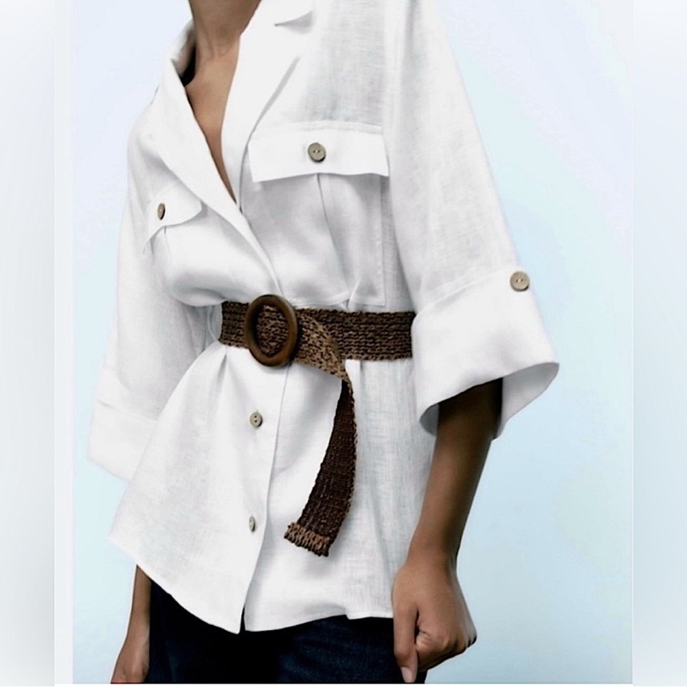 ZARA White 100% Linen Belted Button
Down Shirt